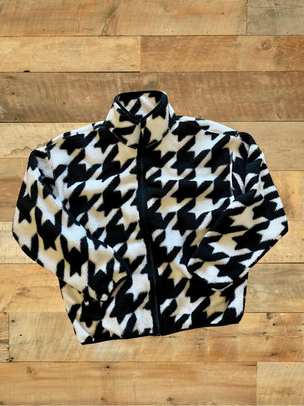 Joe Fresh Active Houndstooth Sherpa Fleece Jacket Large Black White Cozy Zip Up